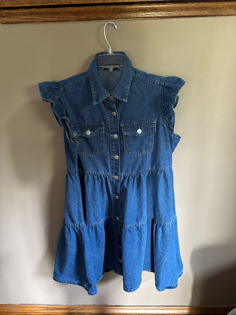 SHEIN Curve Blue Denim Ruffle Sleeve Button-Front Mini Dress
